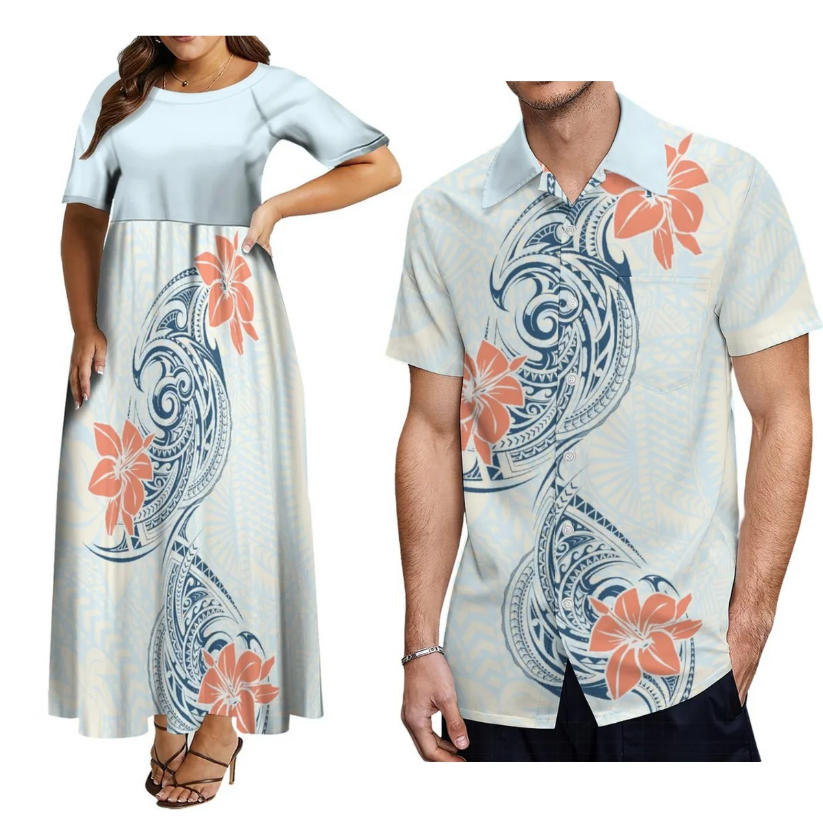 

Island Couple Custom Polynesian Tribe Women'S Crew Neck Dress 8xl Short Sleeve Long Skirt Hawaiian Men'S Shirt 9xl Large Size