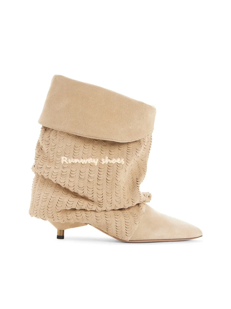 Round Head Suede Adorned With Fish Scales Shape Luxurious  Boots One Kick Folds Slouch Boots Kitten Heels White all Season Boots