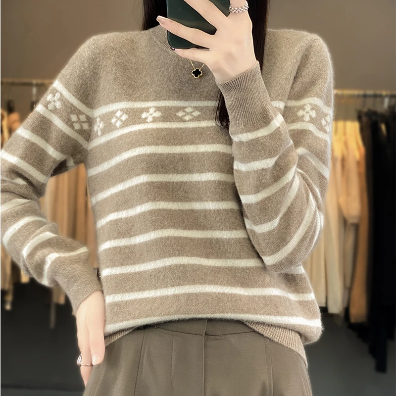 

2024 Autumn/Winter New Women's 100% Pure Wool Round Neck Solid Stripe Pullover Loose Casual Fashion Long Sleeve Knitted Top