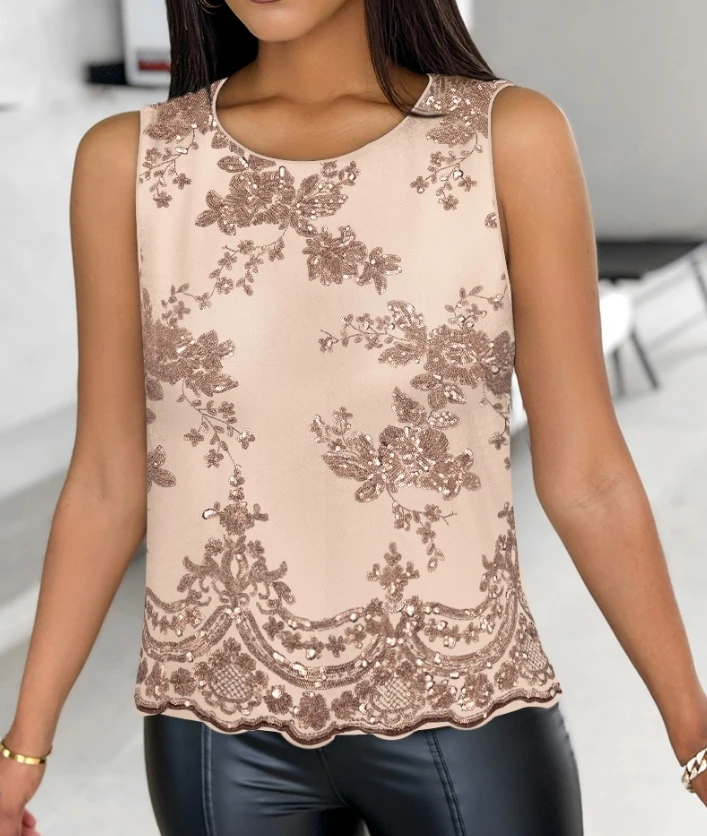 

Top Women 2024 Summer Fashion Sequin Floral Pattern Casual Round Neck Sleeveless Daily Tank Top Y2K Clothes