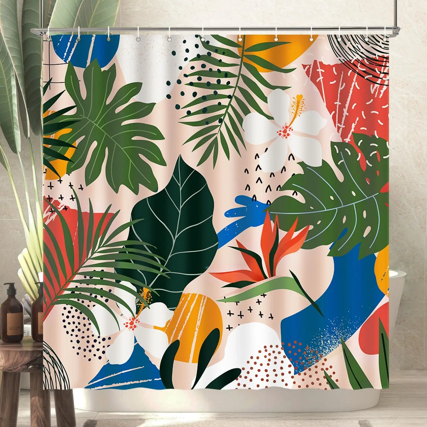 

Tropical Leaf Shower Curtain Palm Monstera Flowers Abstract Pattern Bath Decor Waterproof Fabric Boho Summer Style Home