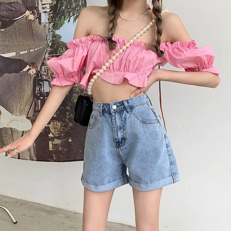 Spring Summer Women High Waist Solid Color Vintage Loose Denim Shorts Casual Female Wide Leg Ladies Jeans Shorts Female Femme