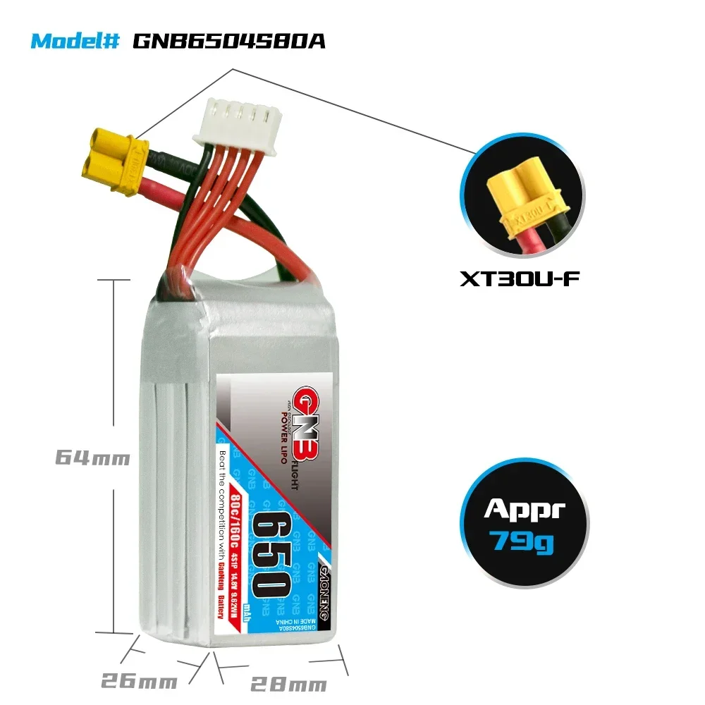 GAONENG GNB 650mAh 4S 14.8V 80C 160C Lipo Battery With XT30 For DJI FPV Cinelog25 Cinelog30 CineBee Cine Whoop Cinelog DIY FPV