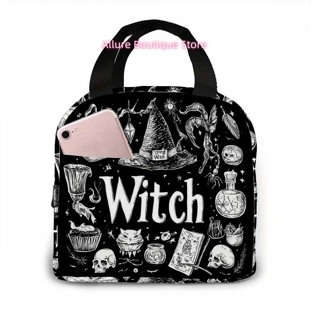 Hand Drawn Witch Theme Insulated Lunch Bag - Vintage Style Black & White Printed Design, Durable Polyester with High-End Insulat