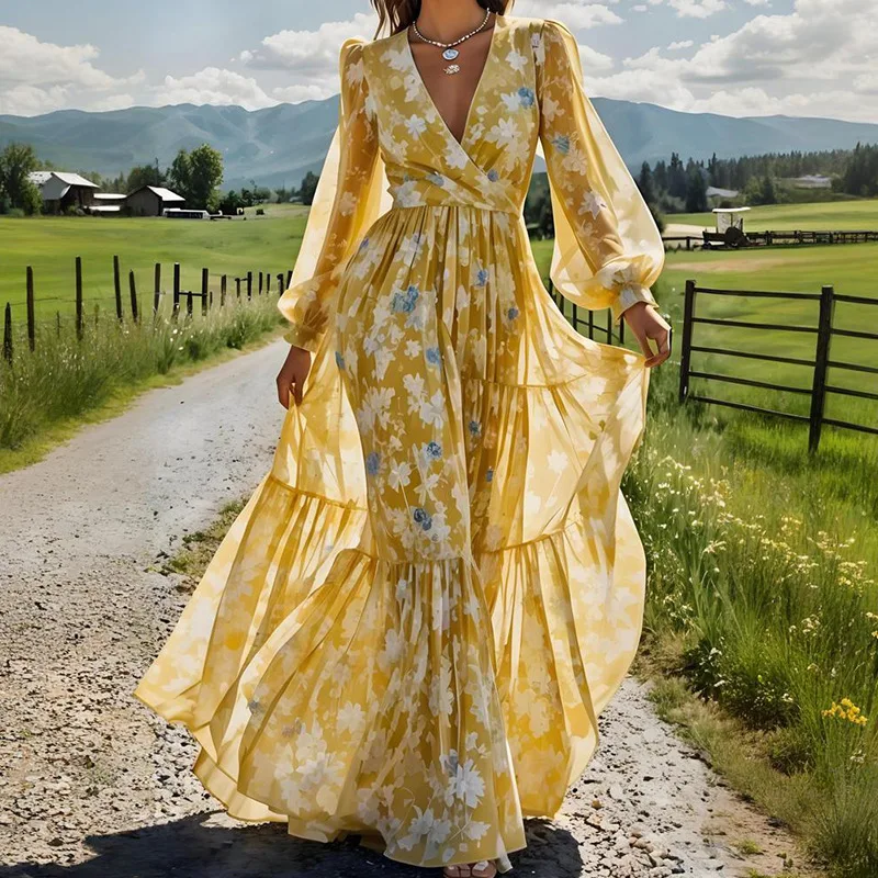 

Women's 2025 Summer New Vintage Yellow Printed V Neck High Waist Flared Maxi Dress European American Style