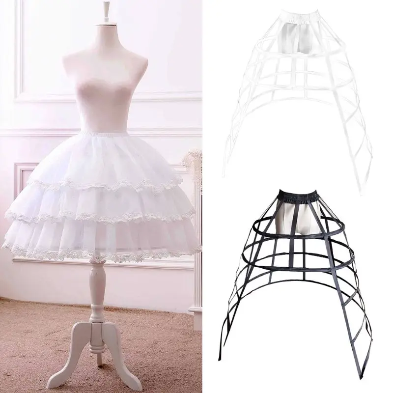 

Women 5 Hoops Skirt Pannier Petticoat Hollow Bird Cage Cutout Crinoline Underskirt Ruffles Elastic Waist Lolita Bustle