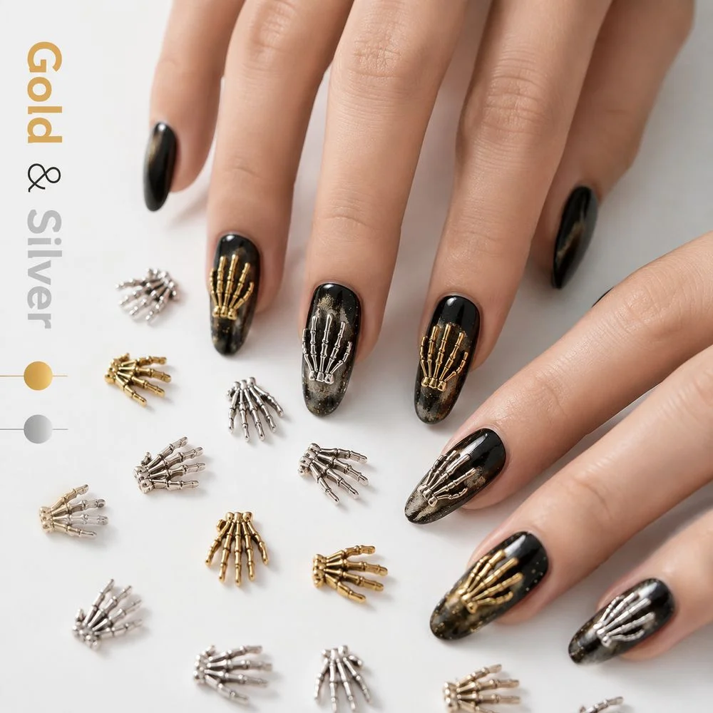 10Pcs Halloween Skeleton Hand Nail Charms Metal Alloy 3D Skull Hand Nail Decoration Punk Gothic Studs For Nail DIY Manicure Work