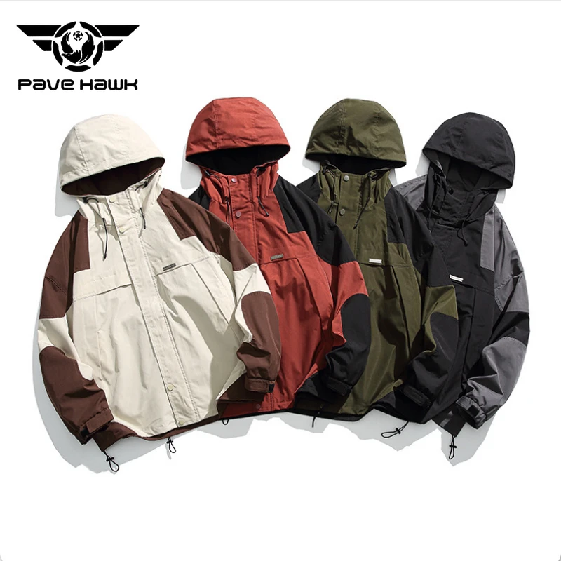 2023 Autumn Windproof Jacket Men Women Contrast Hem Drawstring Big Pockets Hooded Jackets Outdoor Hiking Camping Climbing Coats