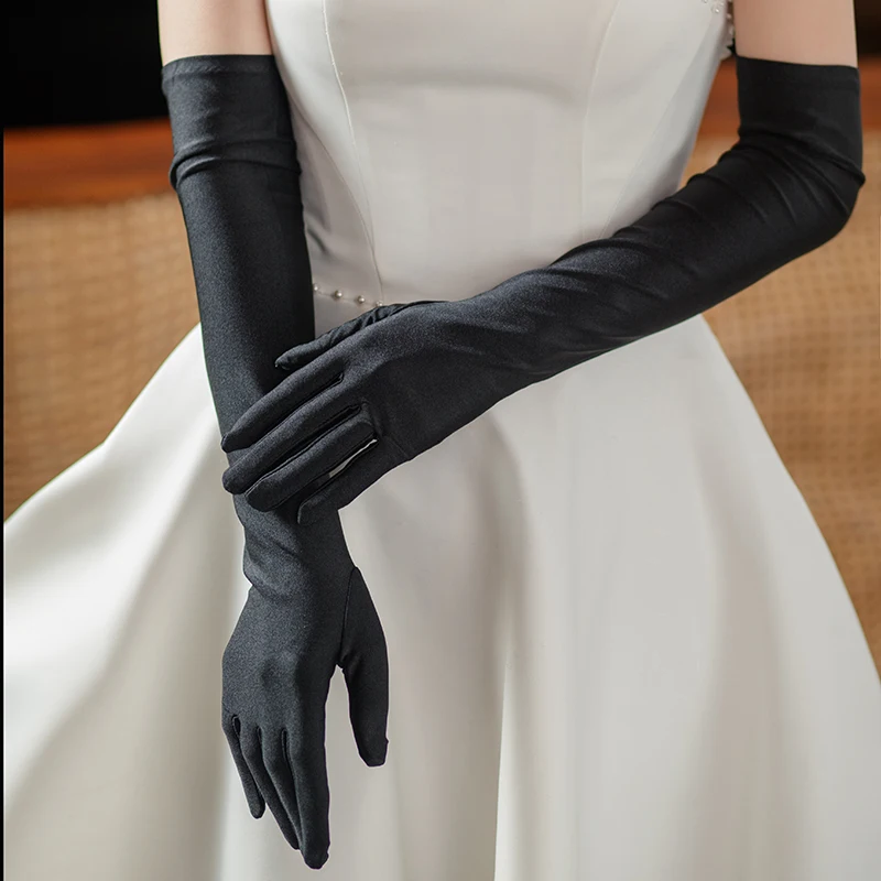 WG068 Wedding Bridal Black Finger Gloves Full Long Satin Brides Bridesmaid Prom Evening Parties Gloves Women Handschuh