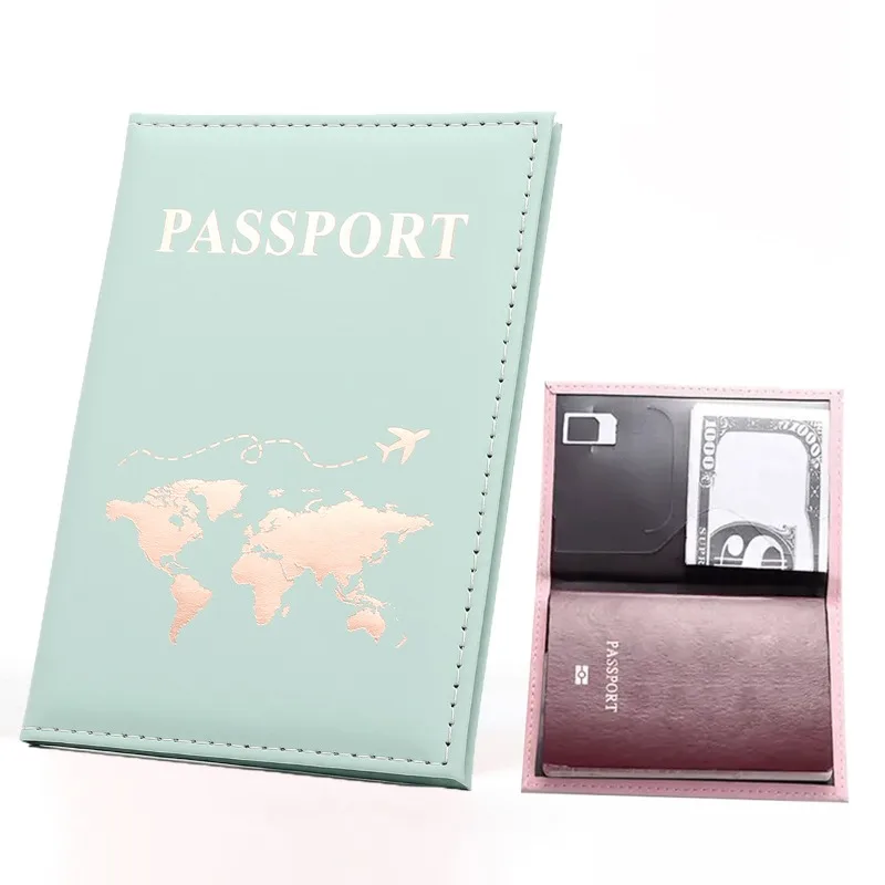 Funda de viaje con letras doradas para hombre y mujer, cubierta protectora de cuero PU, mapa de boletos, accesorios para pasaporte