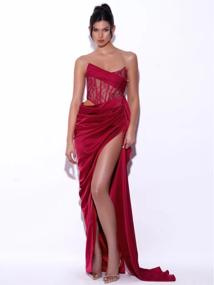 

Light Luxury Catwalk Evening Dress Tube Top Fishbone Waist Slit Long Streamer Christmas