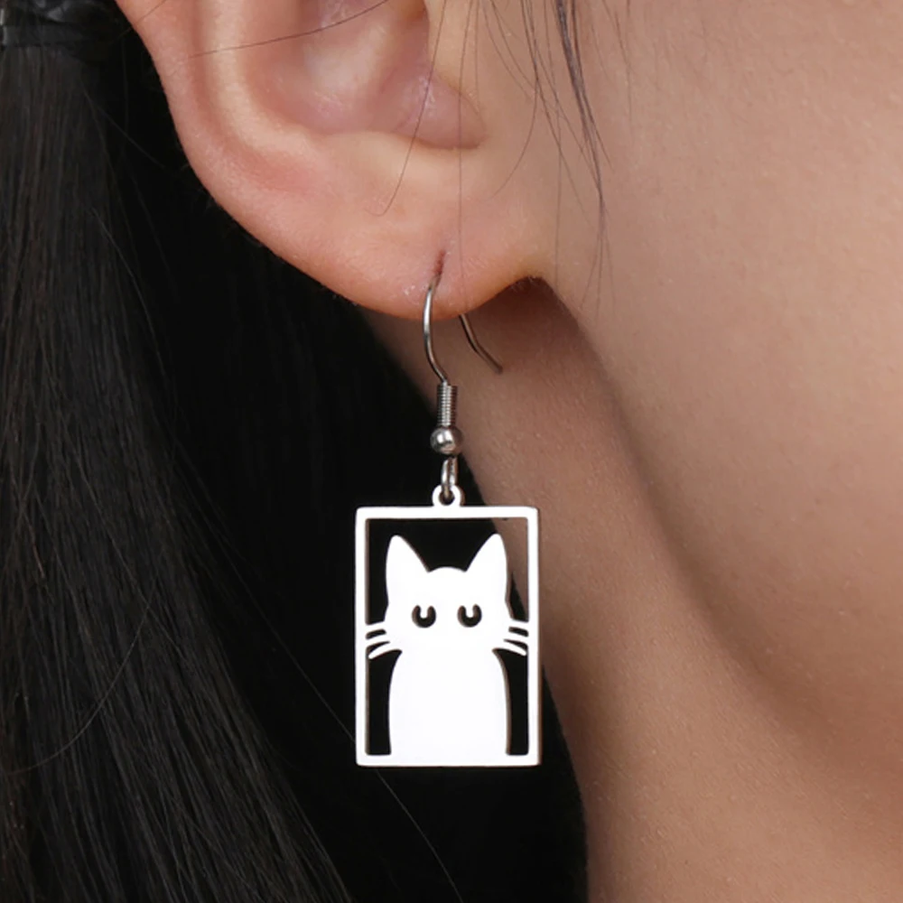 My Shape Cute Cat Earrings for Women  Stainless Steel Rectangle Shaped Cat Kitten Earrings Animal Fashion Jewelry Gifts