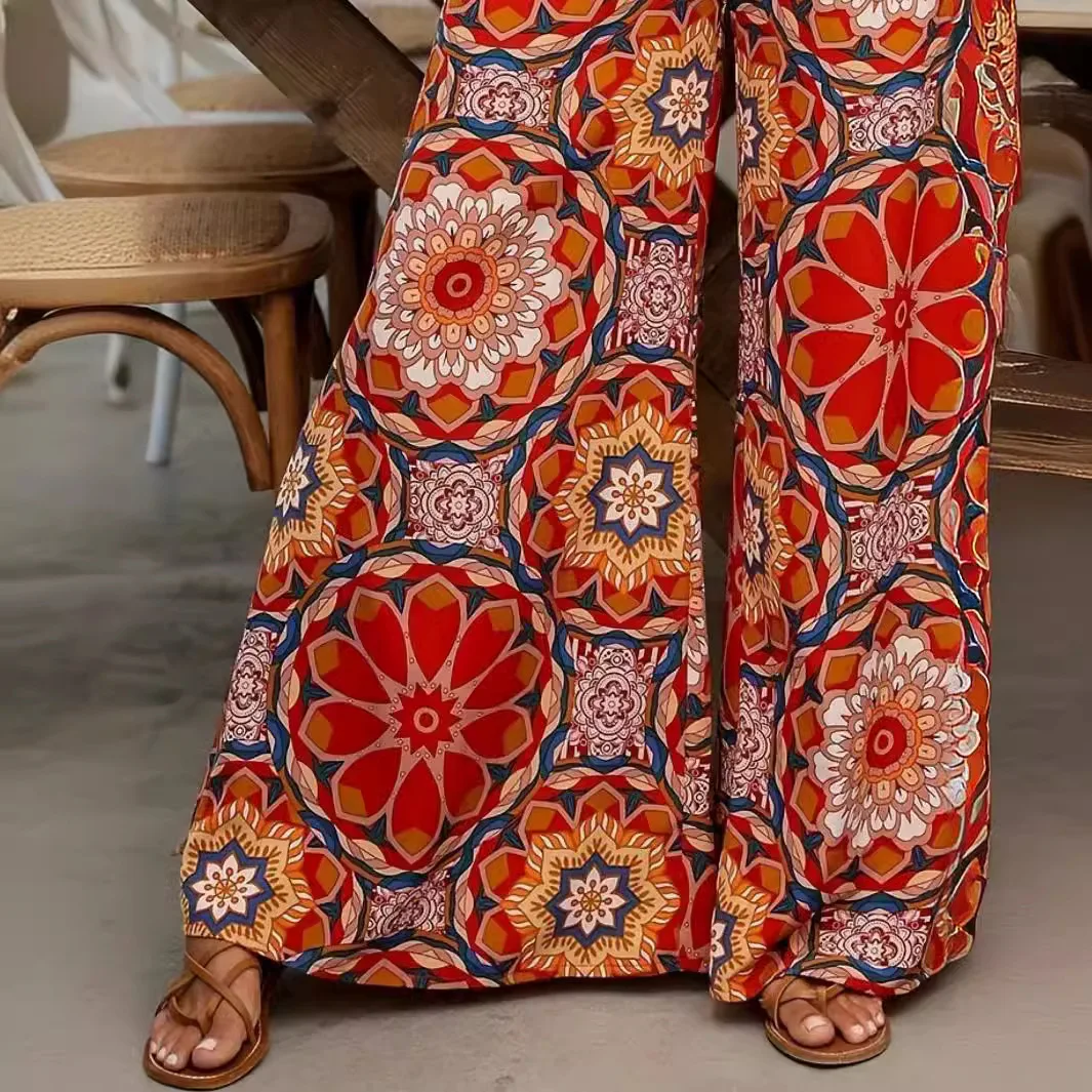 Kadınlar için geniş bacak pantolon 2024 moda çizgili baskı pantalones ilkbahar yaz rahat gevşek bağcıklı traf giyim