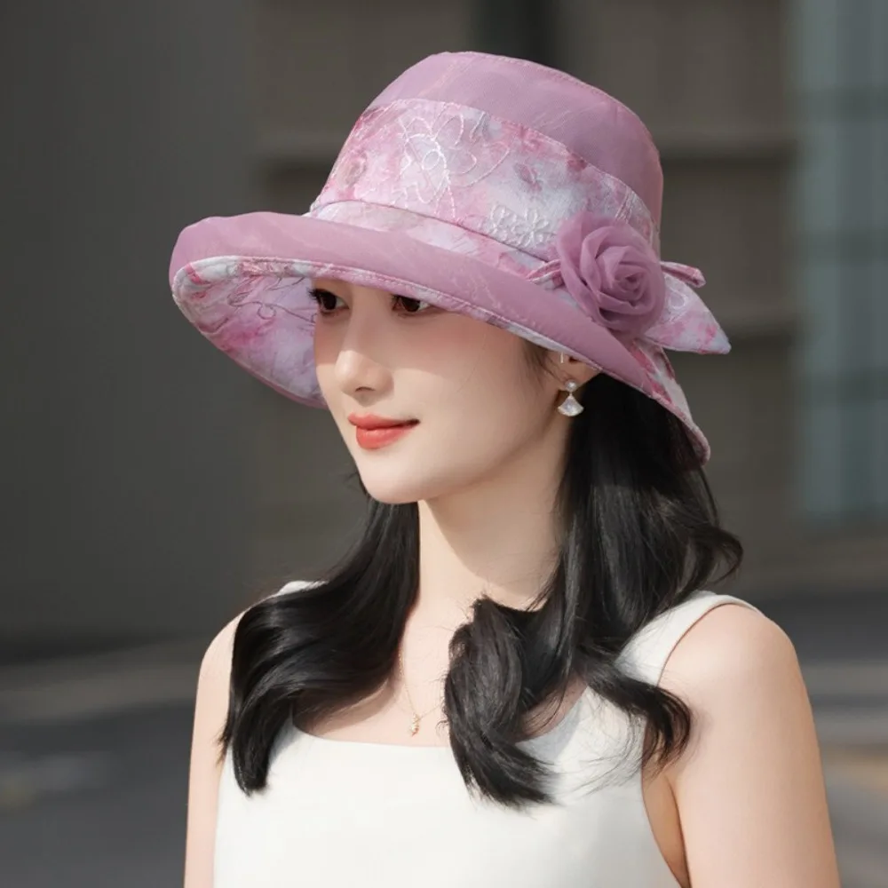 

Portable Flower Middle-aged Sun hat Sunshade Organza Fisherman Hat Wide Brim Breathable Thin Basin Hat