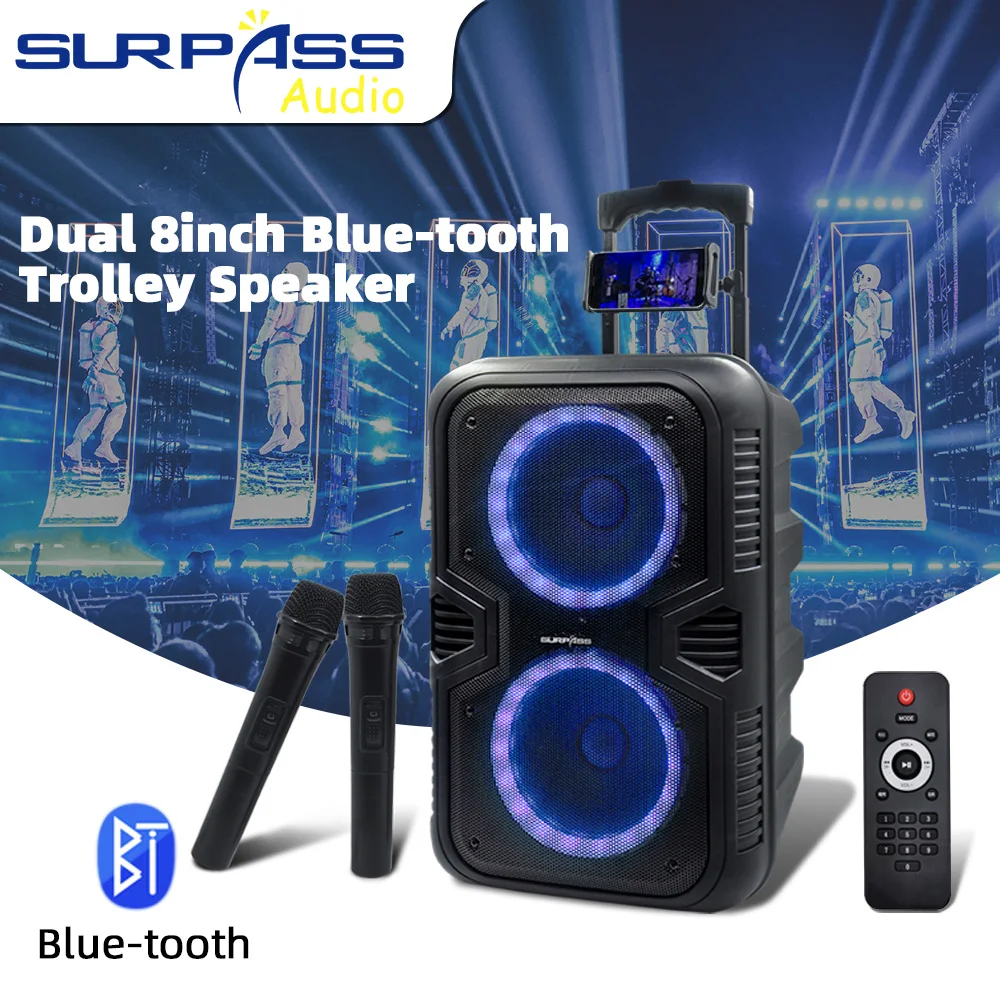 Portable Powered Trolley Bluetooth Outdoor Speaker Karaoke Wireless Rechargeable Battery Stereo Speaker Dual Handheld Microphone