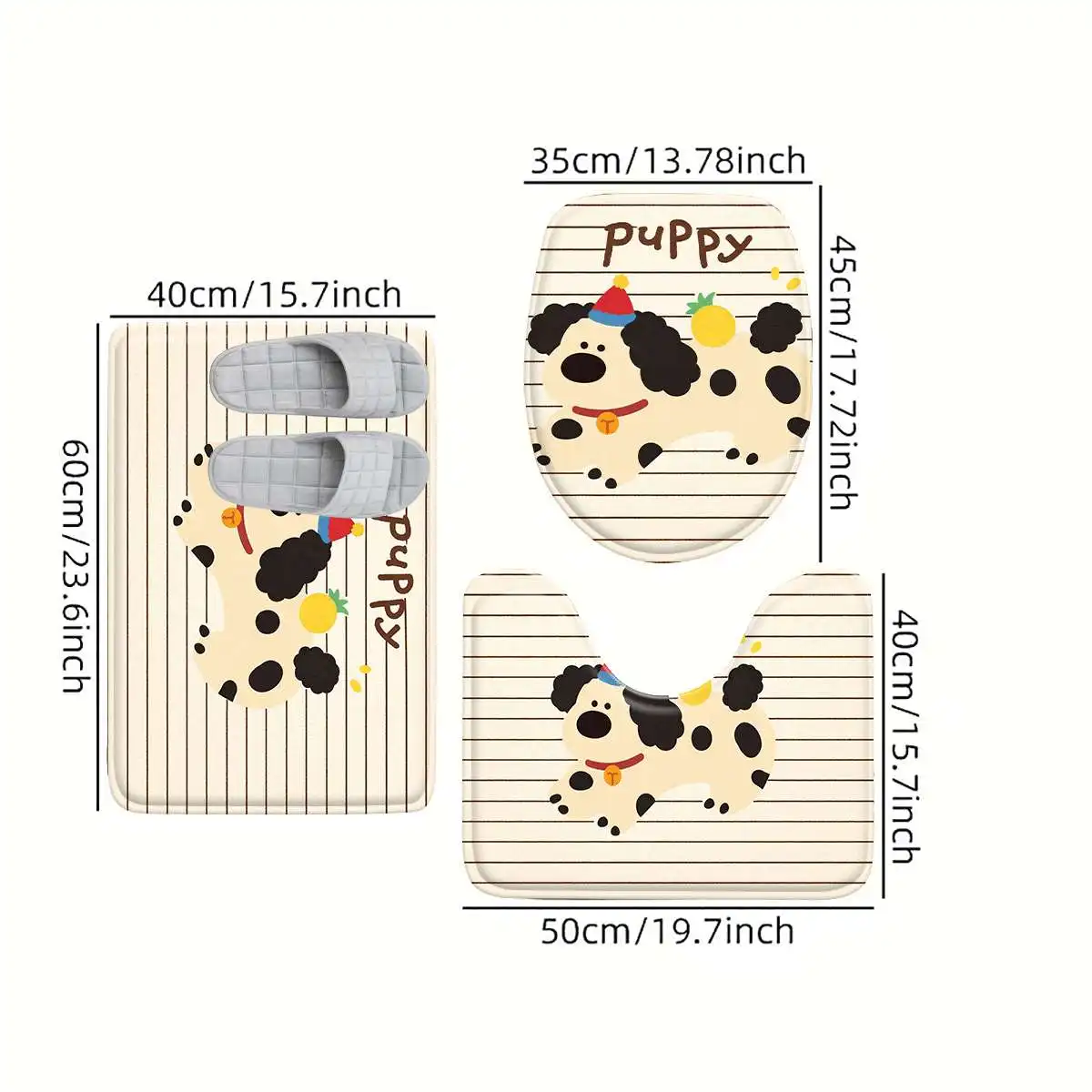 3Pcs Cream Stripe Puppy Bath Mat Non Slip Absorbent Toilet Rug with Lid Cover for Bathroom Washable Flannel