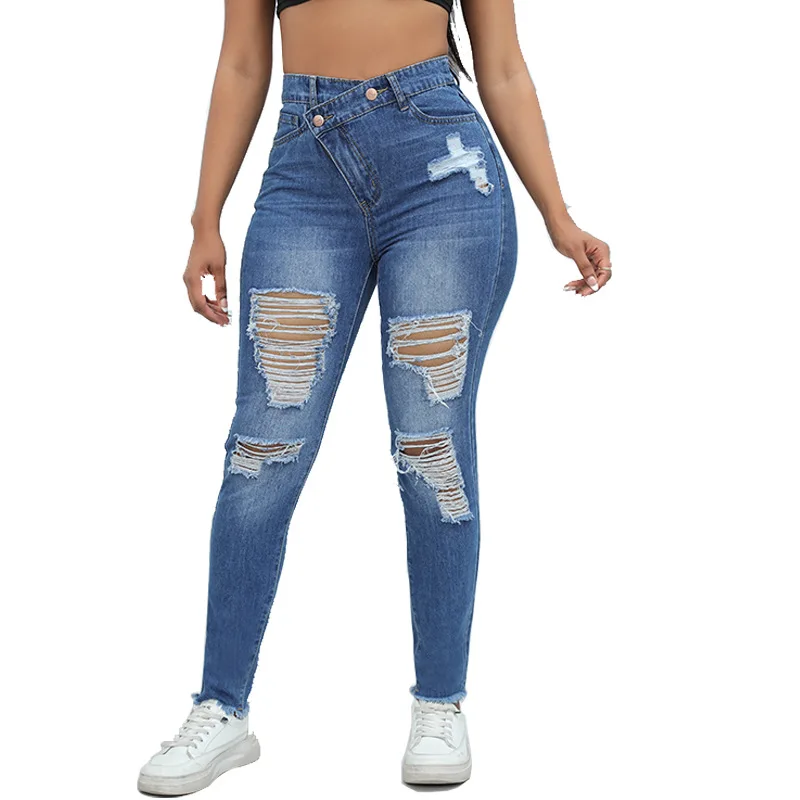 2024 New High Waist Diagonal Button Design Ripped Jeans For Women Fashion Stretch Slim Denim Pencil Pants Skinny Trousers XS-2XL