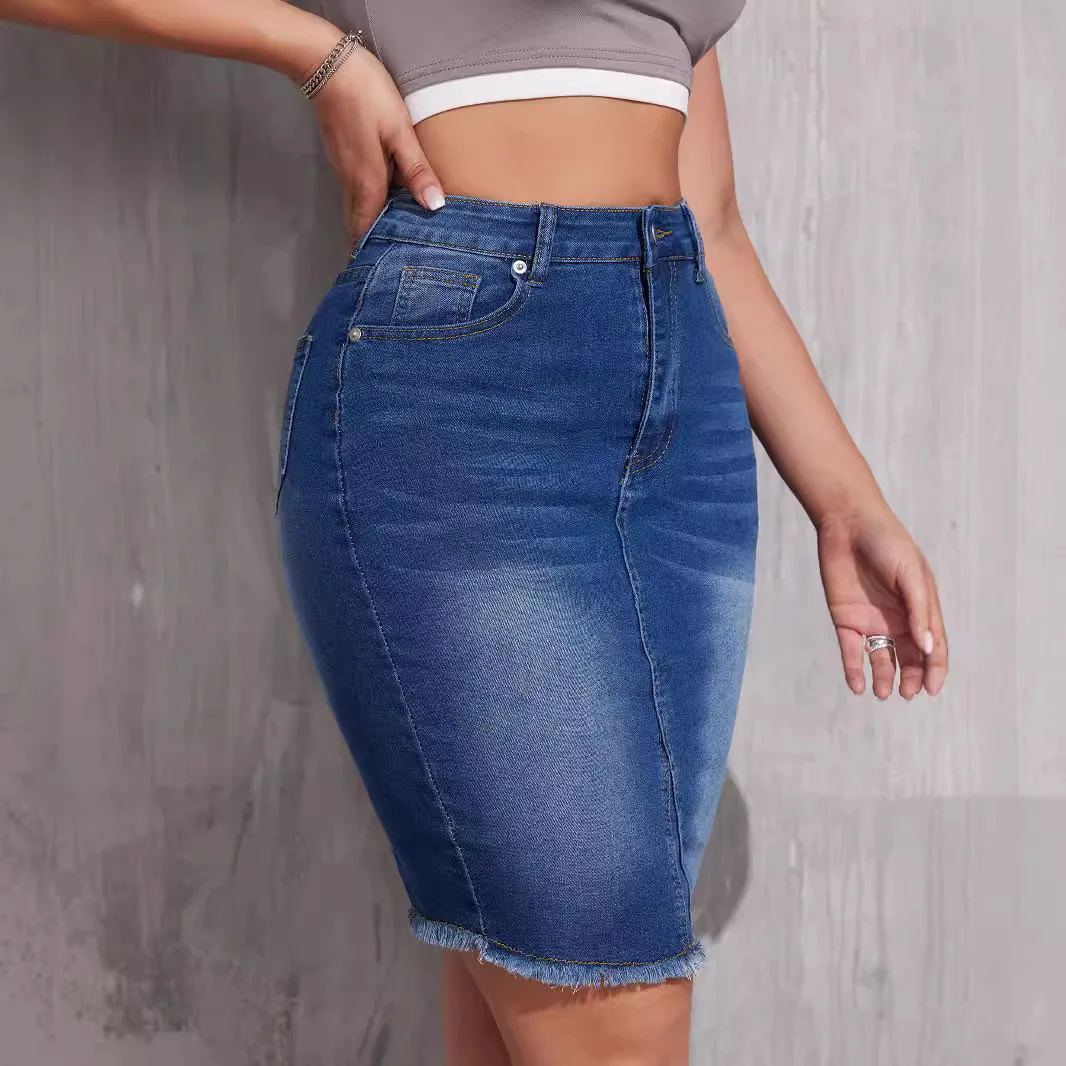 Pencil Skirt Women Denim Skirts Straight High Waist Hip Wrap Stretch Distressed Washed Pockets Female Streetwear 2025 Summer