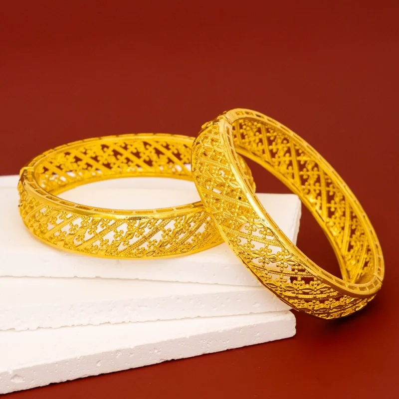 Luxury 100% Real 24K Gold Clasp Hollow Ancient Ethnic Retro Bracelet Wedding Bride High-end Bangle