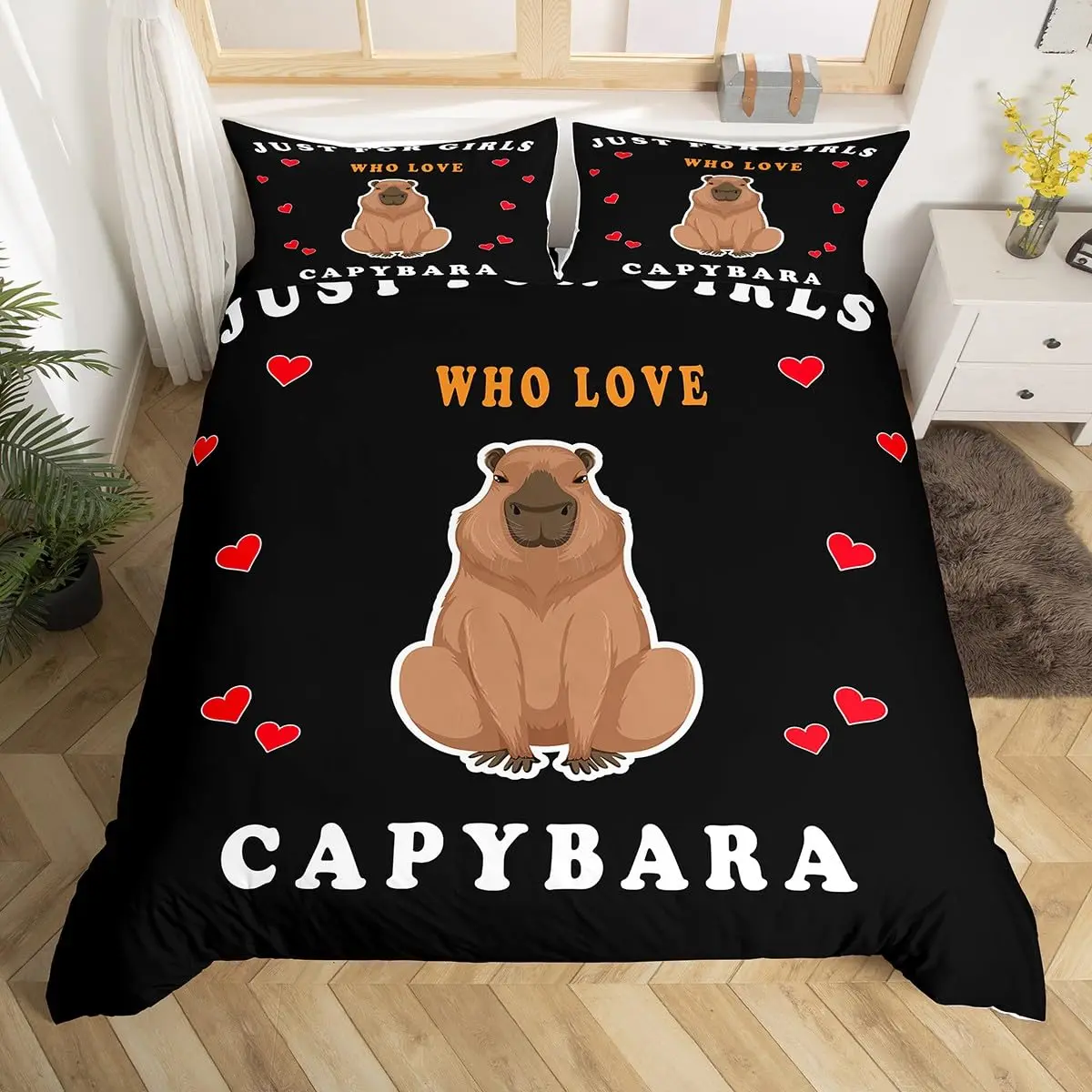 Cute Capybara Print Bedding Sets Full Kawaii Honey Bee Comforter Cover,Cartoon Animals Bed Set Red Love Heart Print Duvet Cover