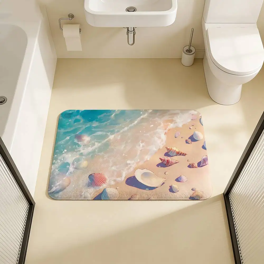 Summer Charm Waves Beach Shell Bathroom Mat Anti-slip Absorb Water Long Strip Cushion Bedroon Mat Welcome Doormat