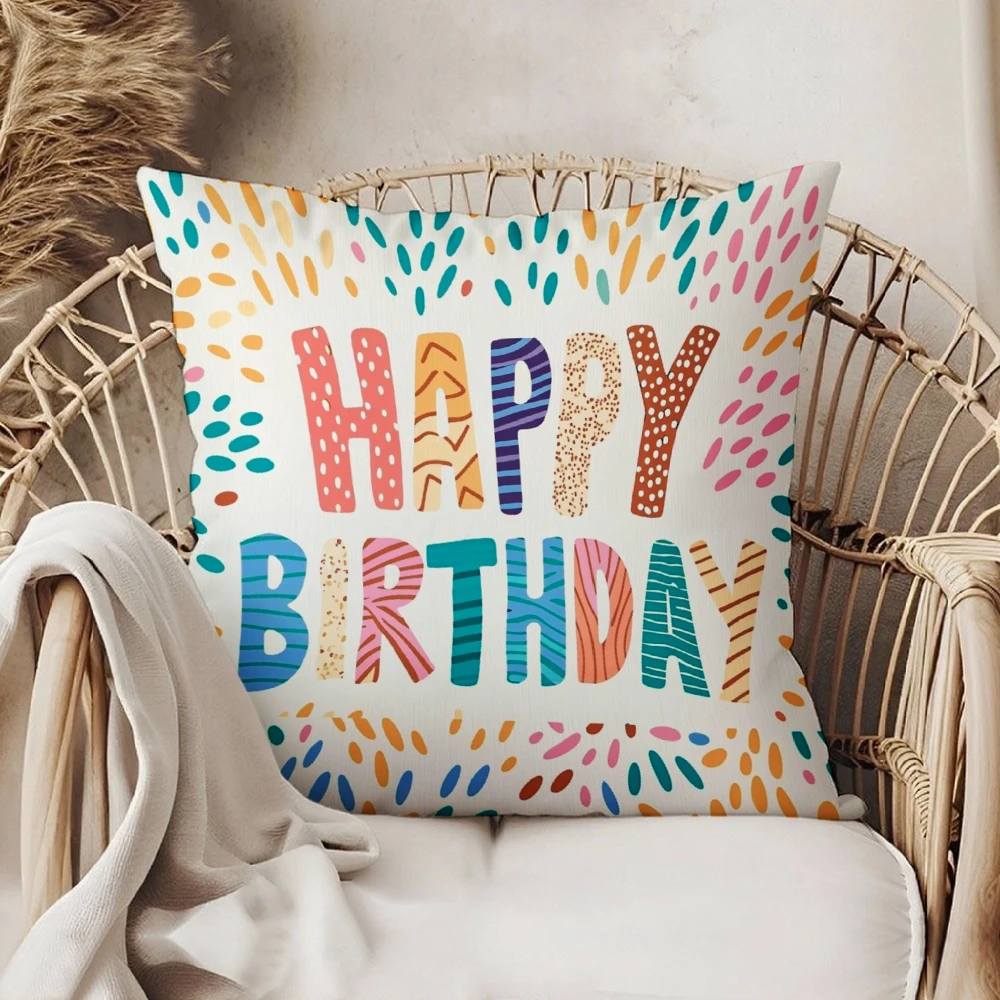 Square Throw Pillow Case White Colorful Happy Birthday Text And Confetti Pattern For Home Sofa Bedroom Living Room Decoration