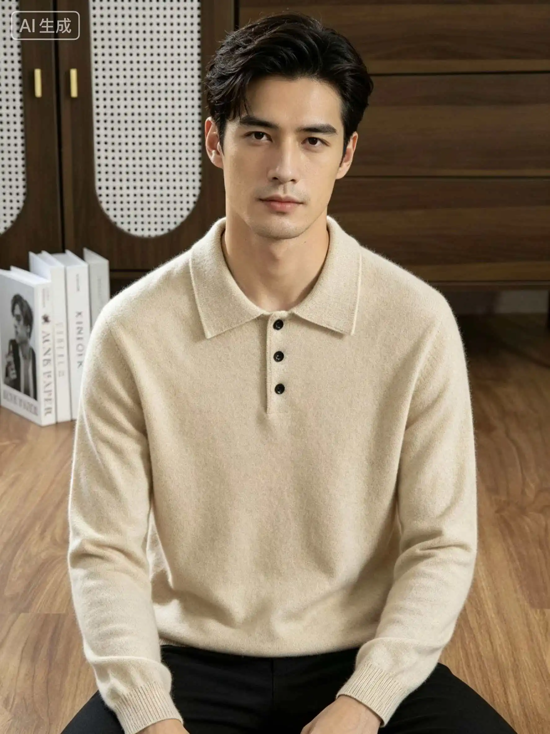 Men's 100% Cashmere Polo Shirt Autumn Winter Knitted Casual Loose Long-Sleeved Sweater Versatile High-Quality Men's Clothing Top view 2