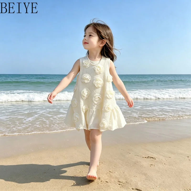 New Seaside Vacation Princess Dress Baby Girls Summer Sleeveless Floral Short Dress Children Birthday Party Suspender Dress