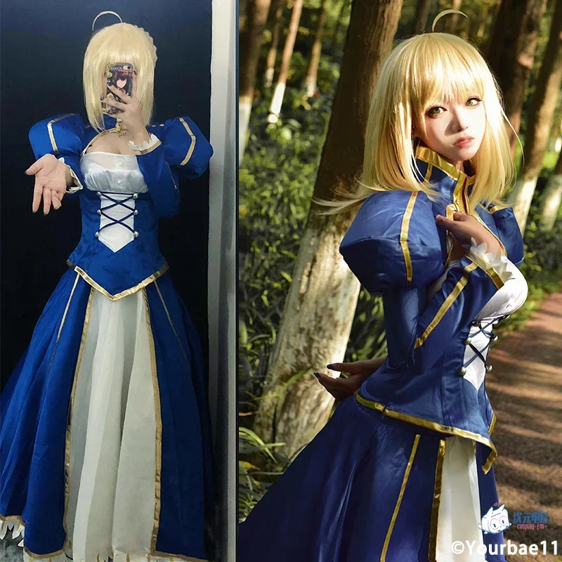 Anime Fate/Stay Night Saber Cosplay Costume Women Vintage Sexy Long Sleeve Dress Headwear Suit Halloween Carnival Party Clothes