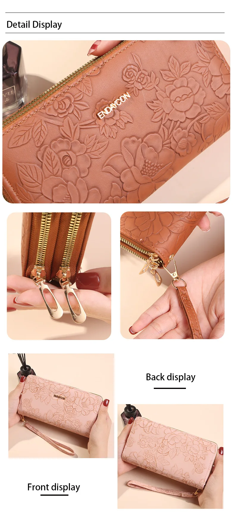 Multifunktionale lange Clutch-Geldbörse mit doppeltem Reißverschluss, großes Fassungsvermögen, doppellagiger Geldclip, kreativer Kartenhalter, Handytasche – Detail 7