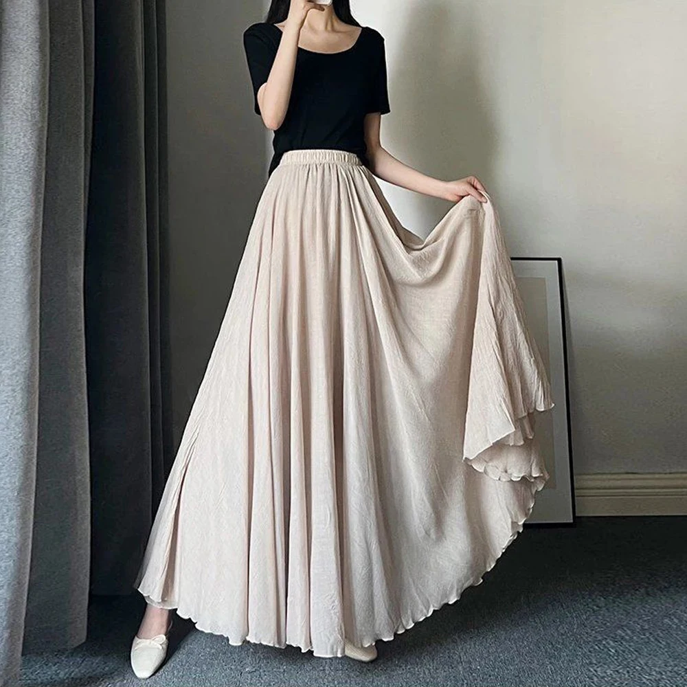 Casual Cotton Linen Effect Pleated Midi Skirt Ladies Elastic Waist A-line Wave Sun Skirt Women Black White Solid Elegant Skirts