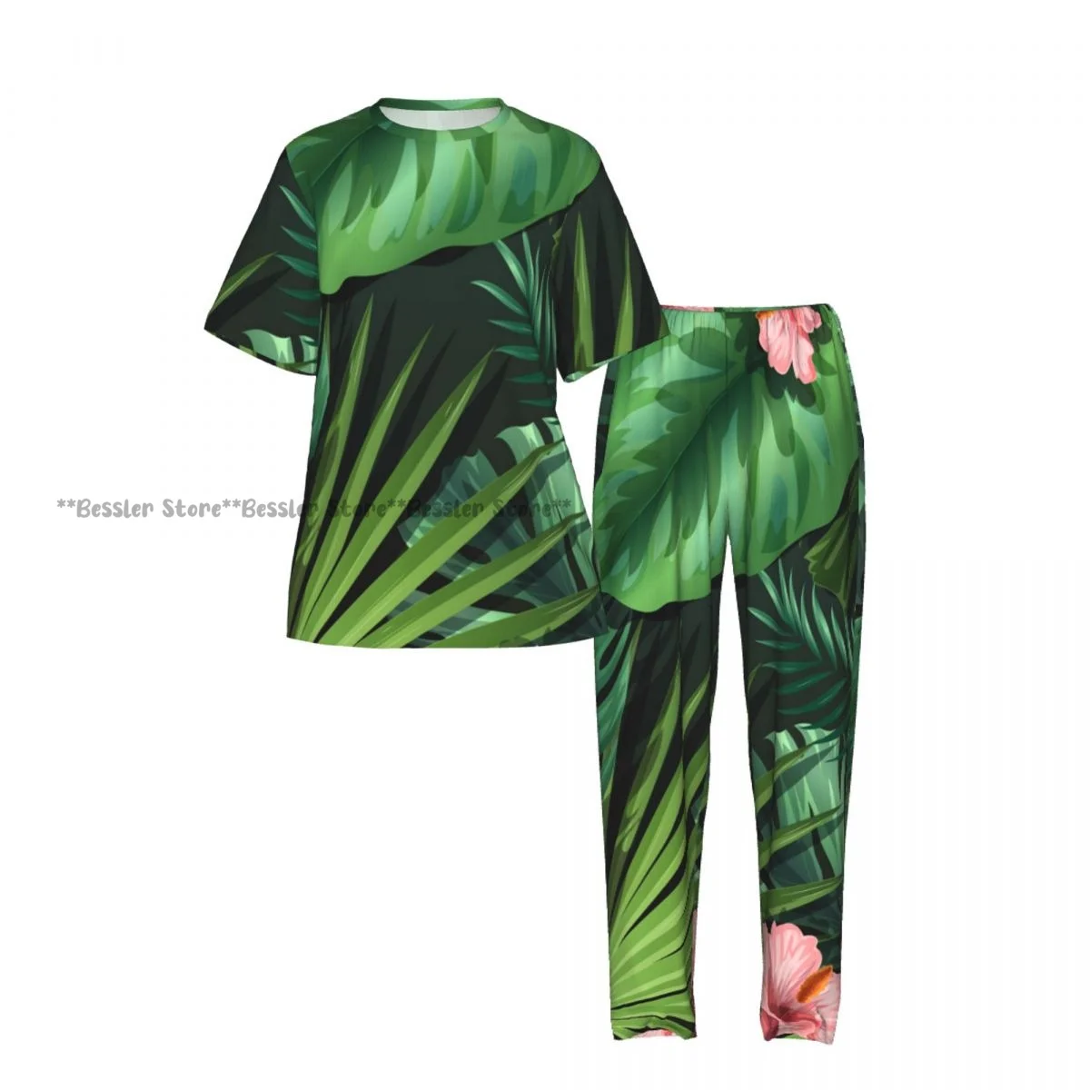 Women's 2-piece set Tropical Leaves Pajamas Short sleeved Top and Pants Sleepwear