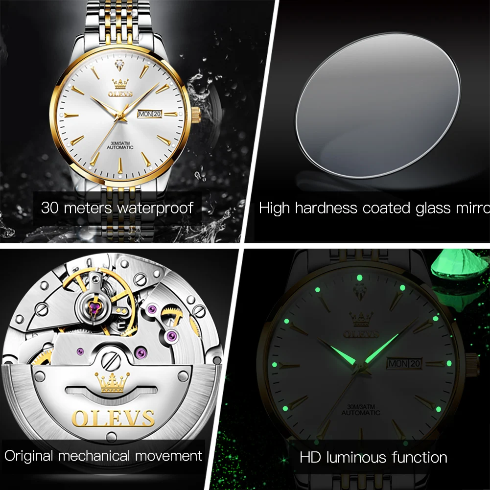 OLEVS 6635 Mens Watch Original Business Wristwatch Automatic Mechanical Watch For Man Waterproof Luminous Stainless Steel Date