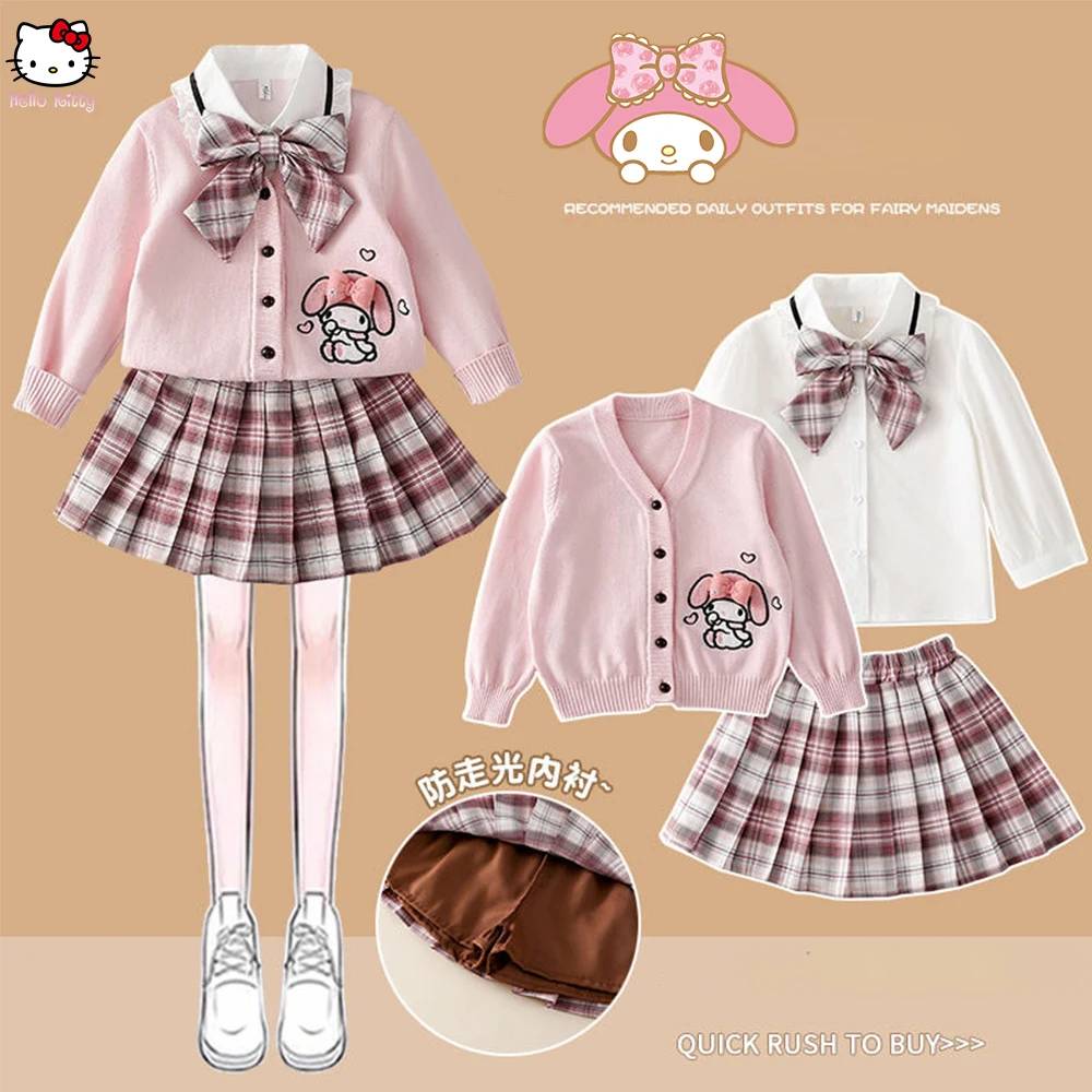 Children\'s Cardigan Shirt Pleated Skirt Sanrios Anime Spring Cinnamoroll Kuromi Melody Girl Fashion Kawaii College Style Set