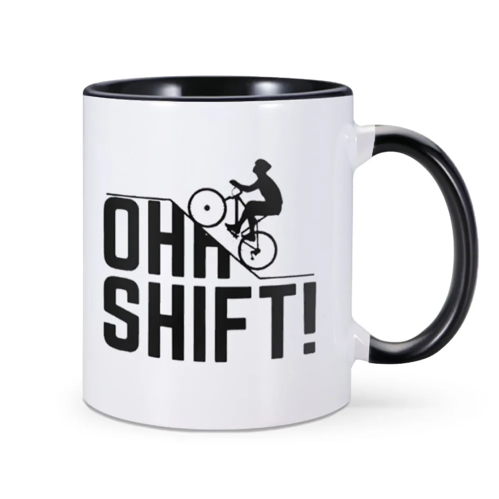 Oh Shift Cycling Coffee Mug Mountain Biker Funny Uphill Cyclist Gift for Biking Rider Bike Lovers Ceramic 11 oz Home Drinkware