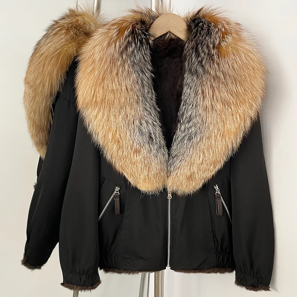Natural Fox Fur Collar Parka with Fur for Women Clothing Double-Sided Reversible Fur Coat Women Winter Real Rabbit Fur Jacket