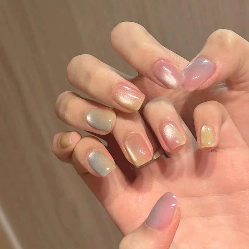 

24Pcs Rainbow Color Glow Cat Eye Press on False Nails with Glue Glitter Short Square Nails Sweet Cool Gradient Summer Fake Nails