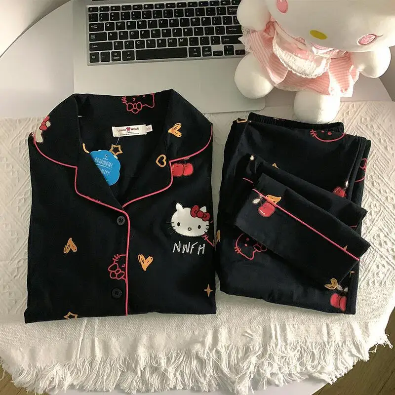 

Женские пижамные комплекты для сна «Hello Kitty», кавайные студенческие весенне-осенние штаны с длинными рукавами, одежда для сна с лацканами, домашняя одежда