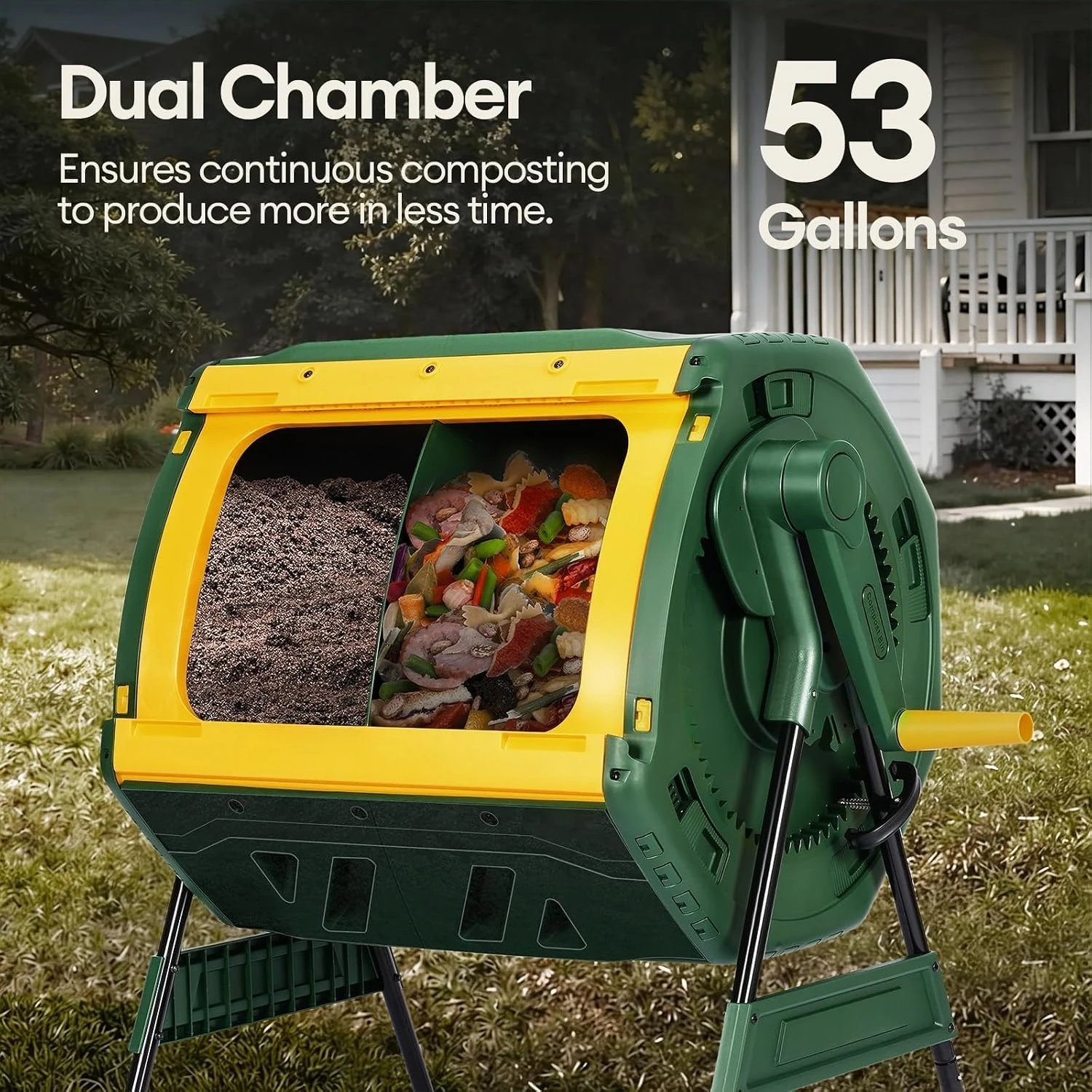 53 Gallon Outdoor Compost Bin, Dual Chamber Composting Tumbler Rotating Composter for Backyard Garden Yard and Kitchen Waste Composting