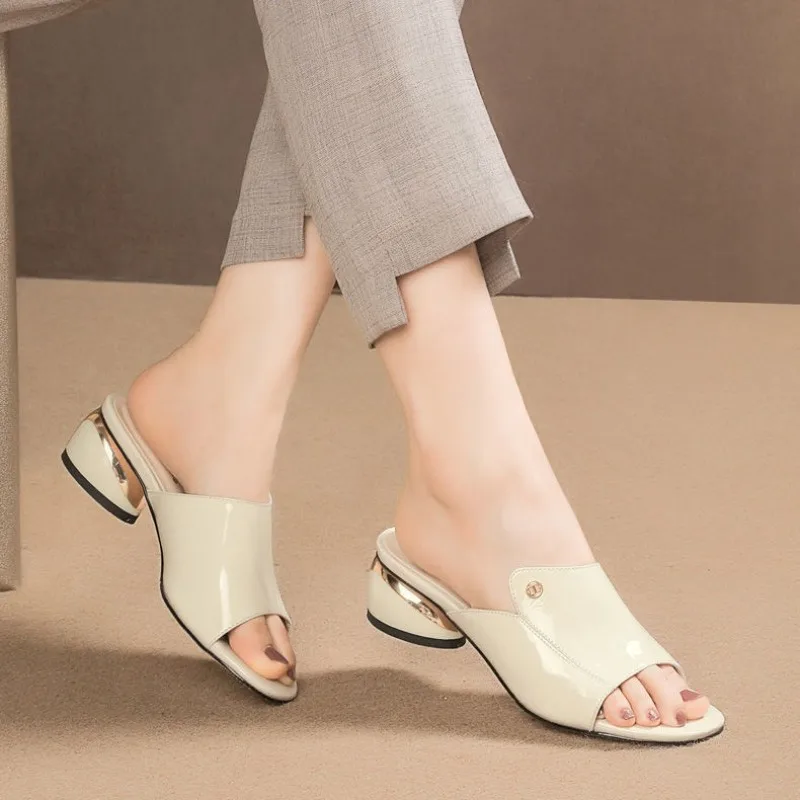 Fashion High-quality Women's Slippers Coarse Heel 2025New Women's Shoes Soft Leather Cool Slippers for Outer Wear Heeled Sandals