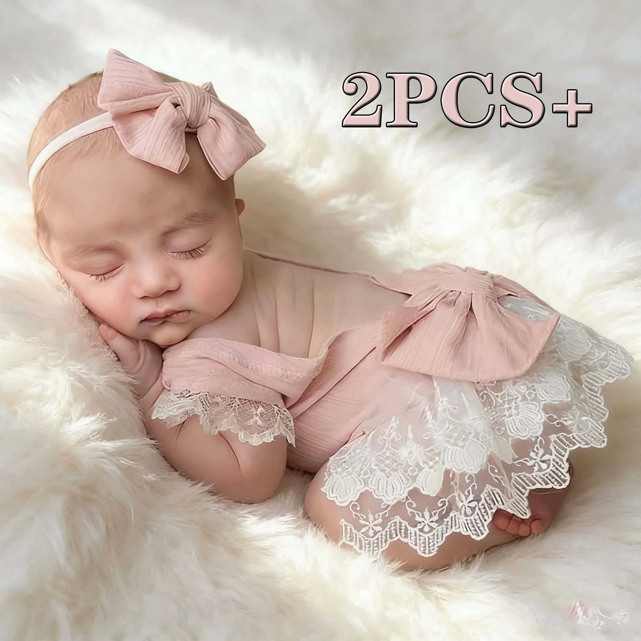 2pcs Newborn Girl Photography Outfits with Bow Headband Pink Lace Romper for Photo Shooting Photo Studio Infant Picture Props