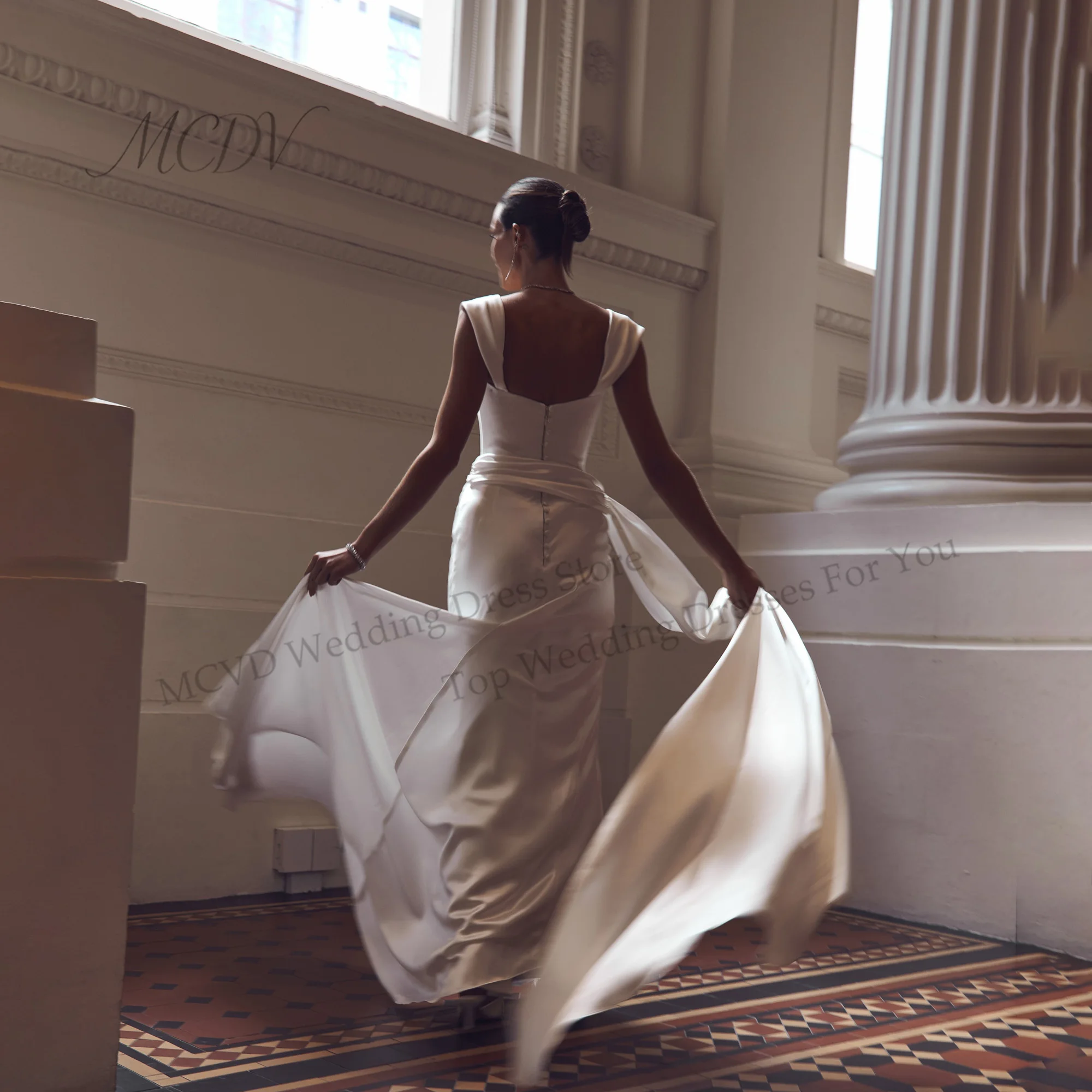 MCDV Elegant lvory Satin Wedding Dresses Sleeveless Mermaid Bridal Gowns Elegant Sweep Train Women Bride Dress Customized
