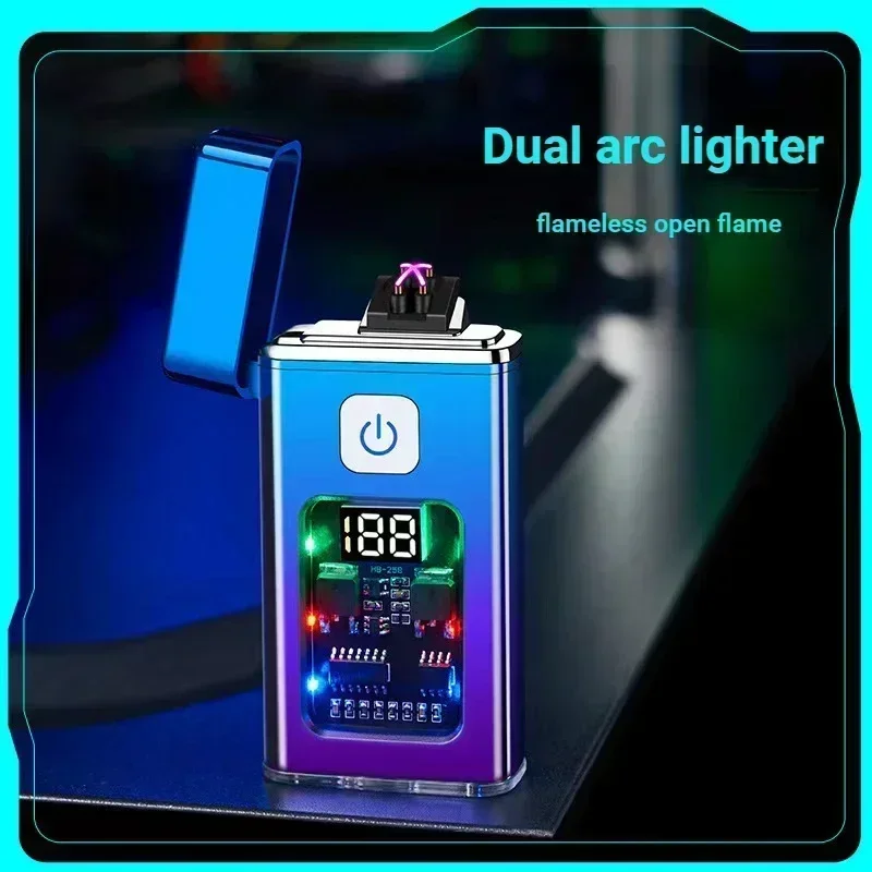 USB Rechargeable Electric Fingerprint Touch Lighter Cool Windproof Double Arc Plasma Pulse Lighter Men's Outdoor Camping Gadget