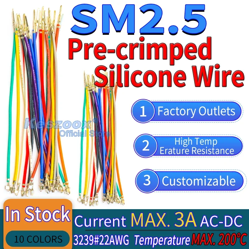 Keszoox JST SM2.5 Extension Cable, Pre-Crimped Silicone Wire, 22AWG Copper, High Temperature Resistant Crimp Terminal