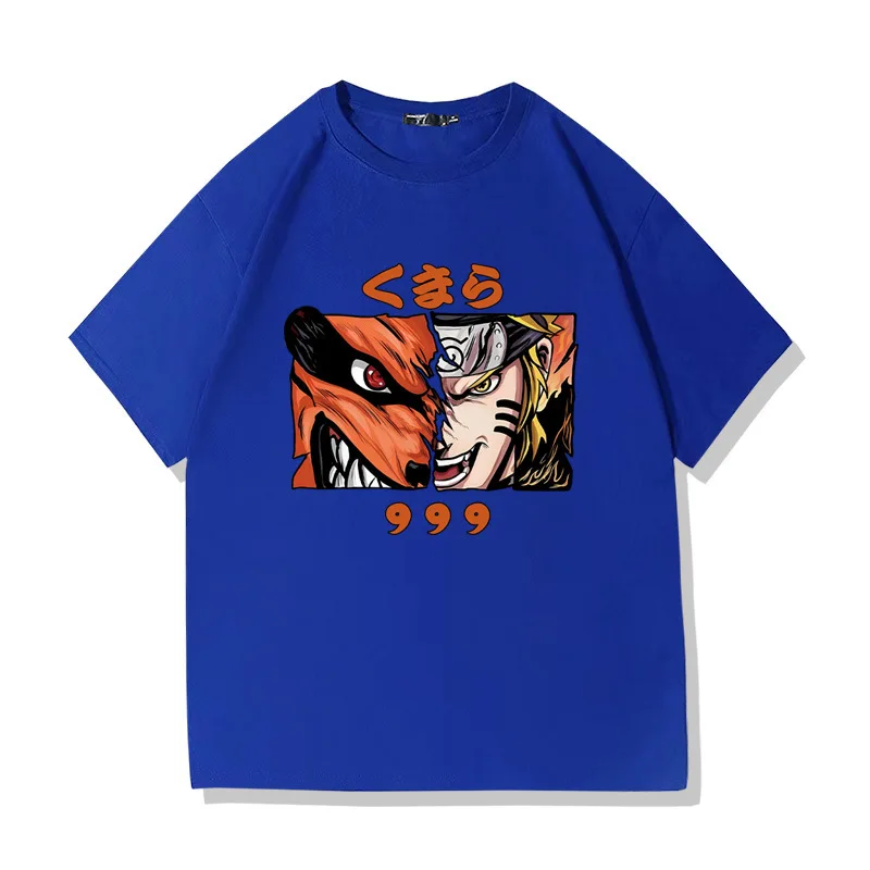 Naruto Uzumaki Kurama Split Face Anime T-Shirt für Männer und Frauen, 9 Tails Kyuubi Graphic Casual Oversized Streetwear Schwarzes T-Shirt – Detail 7