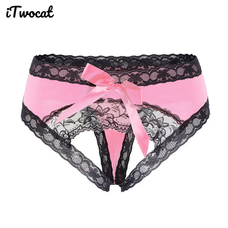 iTwocat Women Sexy Clothing Open Crotch Lace Bowknot Underwear Sexy Lingerie For Women Black Thong See-through Exotic Panties