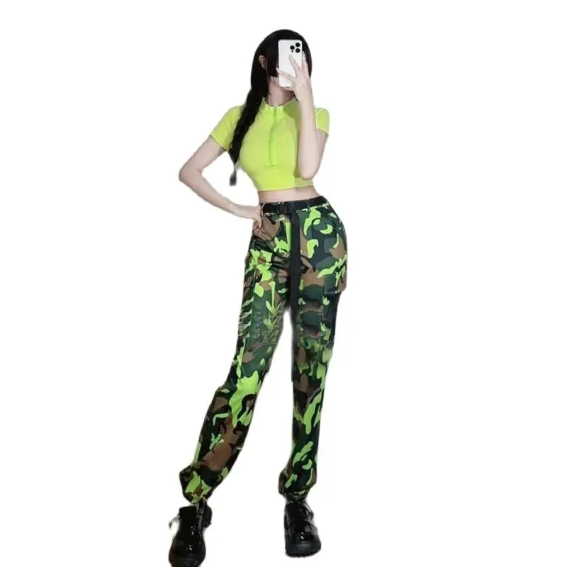 Jazz Dance Kostuum Groene Top Camouflage Broek Voor Vrouwen Hiphop Dance Kleding Gogo Kostuum Podium Performance Outfit Xs6469