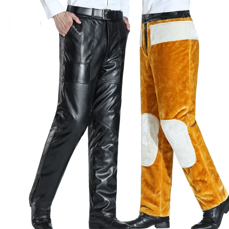 New Knee Protection Double Layer Thickened Motorcycle Leather Pants for Men's Gold Plush Leather Pants with Plush Warm Pants