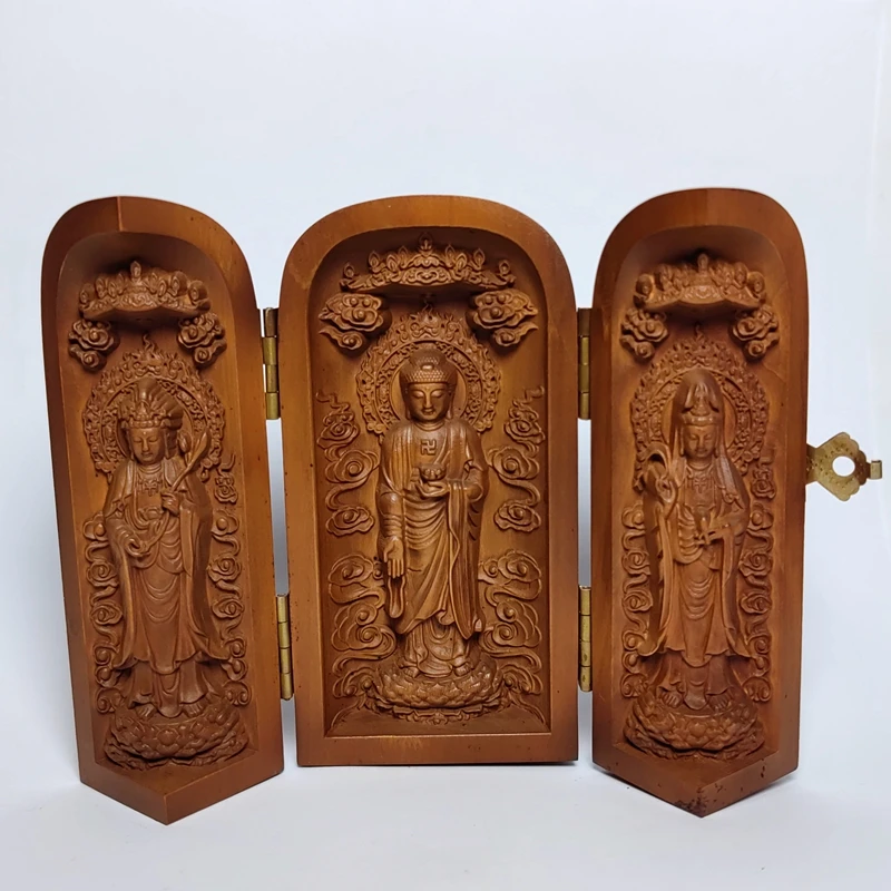 

1919 Antique art Size 4 Inch Old Chinese Boxwood Hand carved 3 Buddha Avalokitesvara figurine Statue desk Decoration Collection