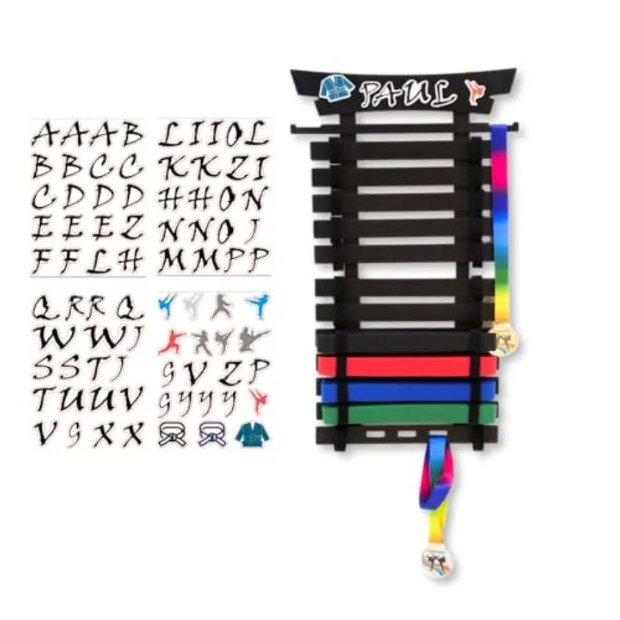 

12 Belts Karate Belt Display Rack Wooden Wall Mounted Martial Arts Belt Holder with Letter Stickers Taekwondo Belt Organizer fo
